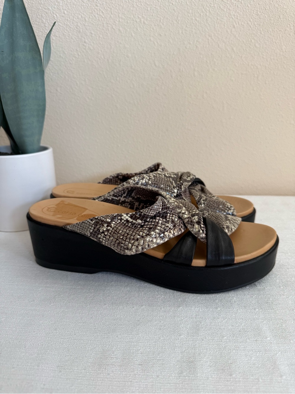 Corso Como Wedge Slide Sandals in Black and Snake Print